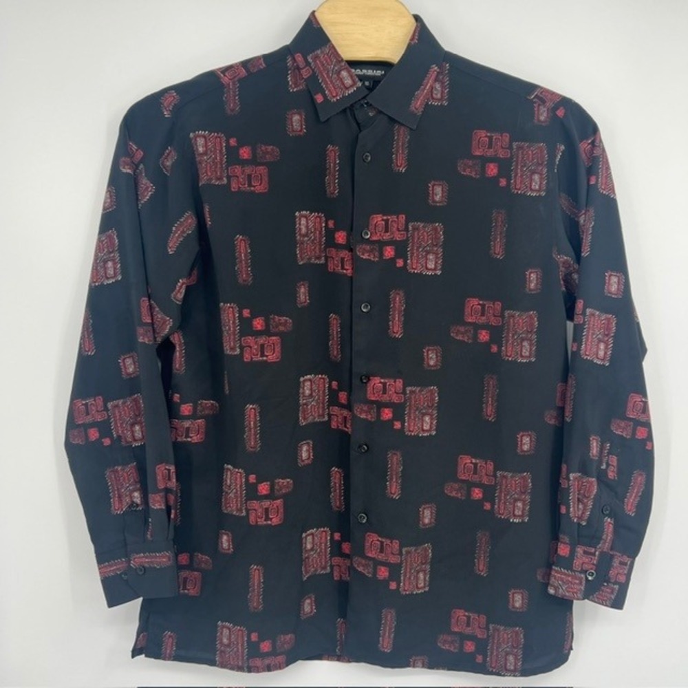 BASSIRI Limited Collection Men's Black Red Geometric Print Button‎ Down Shirt XL